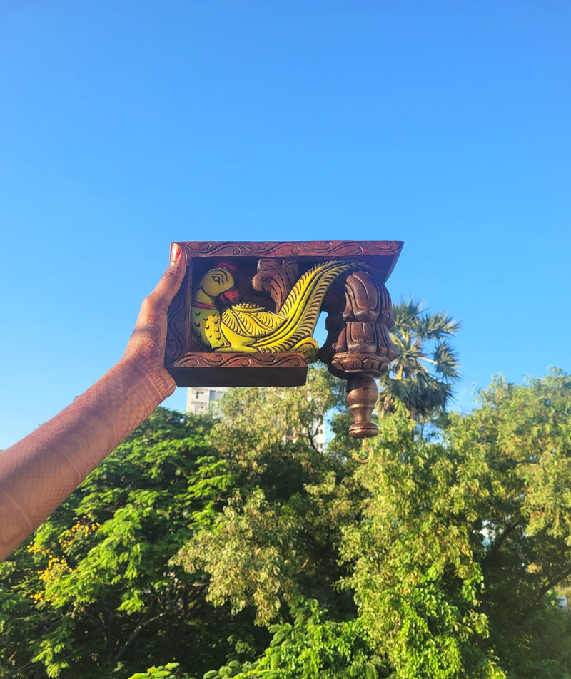 Parrot Bodhil Wood Carving Wall Bracket / Corbel Maghony Wood Traditional Chettinad Handicrafts Green (9 H x 9 L x 3 W inches)