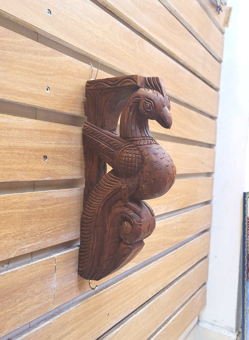 Traditional Handcarved Wooden Parrot Wall Bracket / CORBEL Brown Wall Hanging Decor ( 12.5 H * 6 L * 2.5 W ) inches