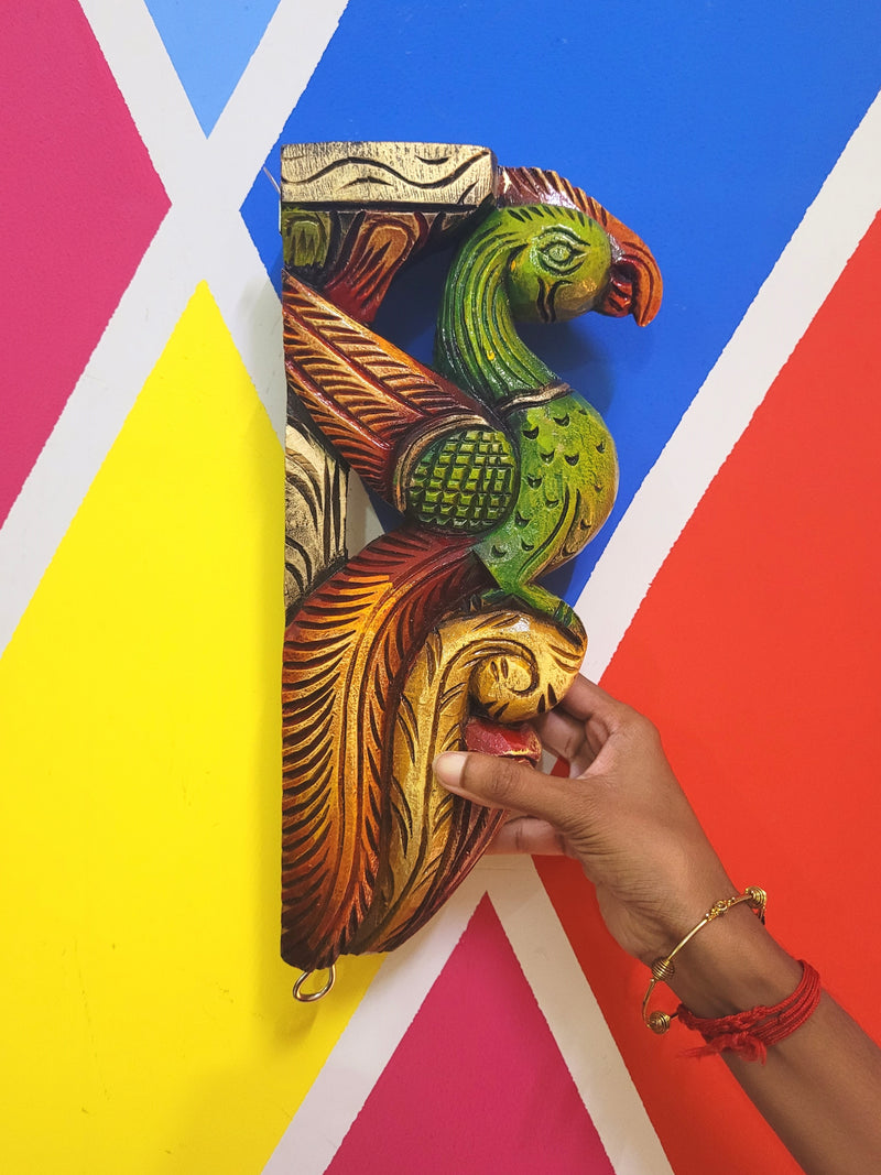 Traditional Handcarved Wooden Parrot Multicolor Wall Bracket / CORBEL Wall Hanging Decor ( 13 H * 6 L * 2 W )  inches