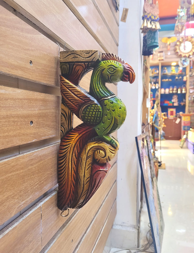 Traditional Handcarved Wooden Parrot Multicolor Wall Bracket / CORBEL Wall Hanging Decor ( 13 H * 6 L * 2 W )  inches