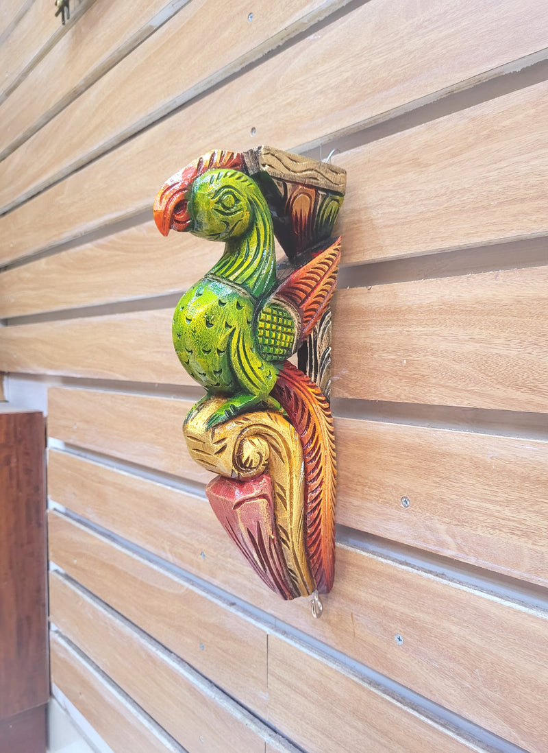 Traditional Handcarved Wooden Parrot Multicolor Wall Bracket / CORBEL Wall Hanging Decor ( 13 H * 6 L * 2 W )  inches