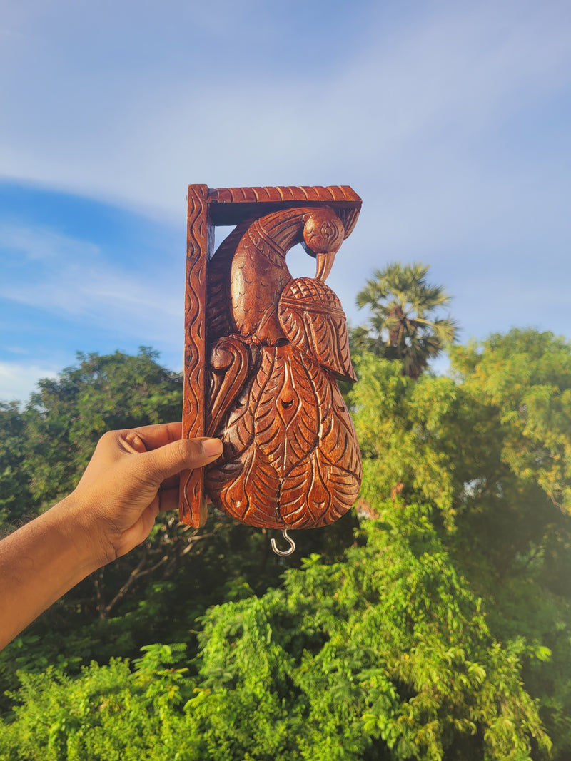 Traditional Handcarved Wooden Peacock wall Bracket / CORBEL Brown Wall Hanging Decor ( 12 H * 8.5 L * 2.5 W ( inches