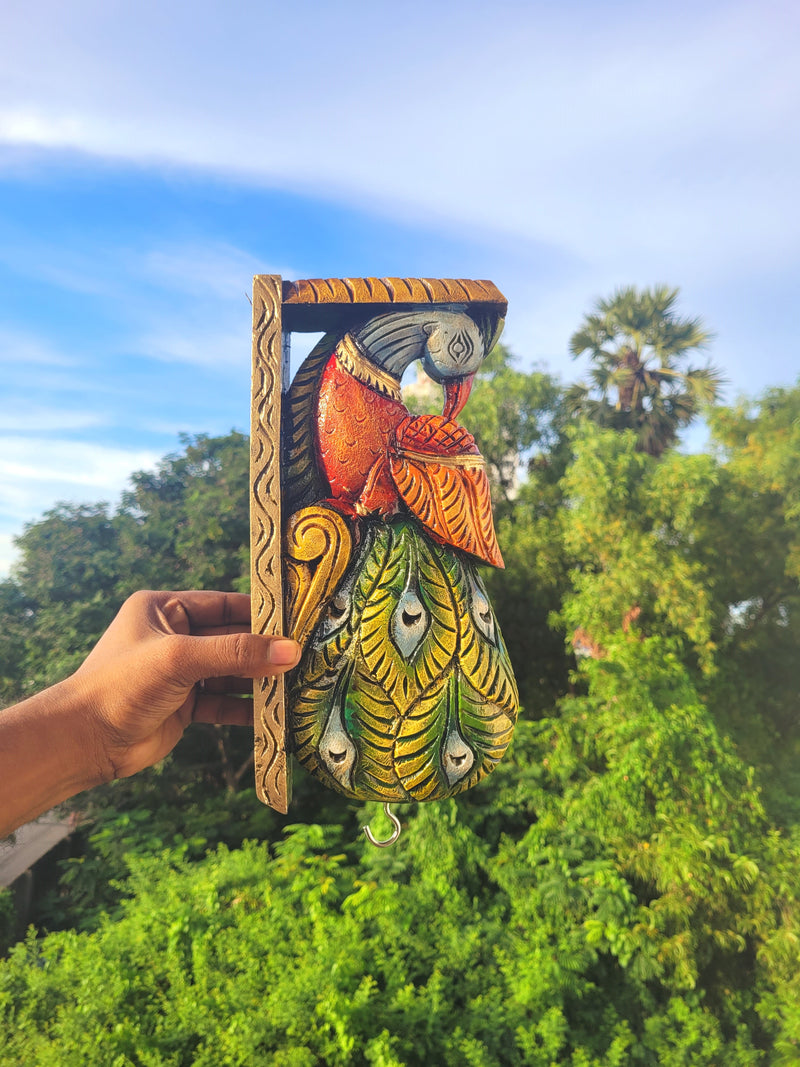 Traditional Handcarved Wooden Peacock Wall Bracket / CORBEL  multicolor Green Wall Hanging Decor ( 13 H * 6 L * 2.5 W ) inches