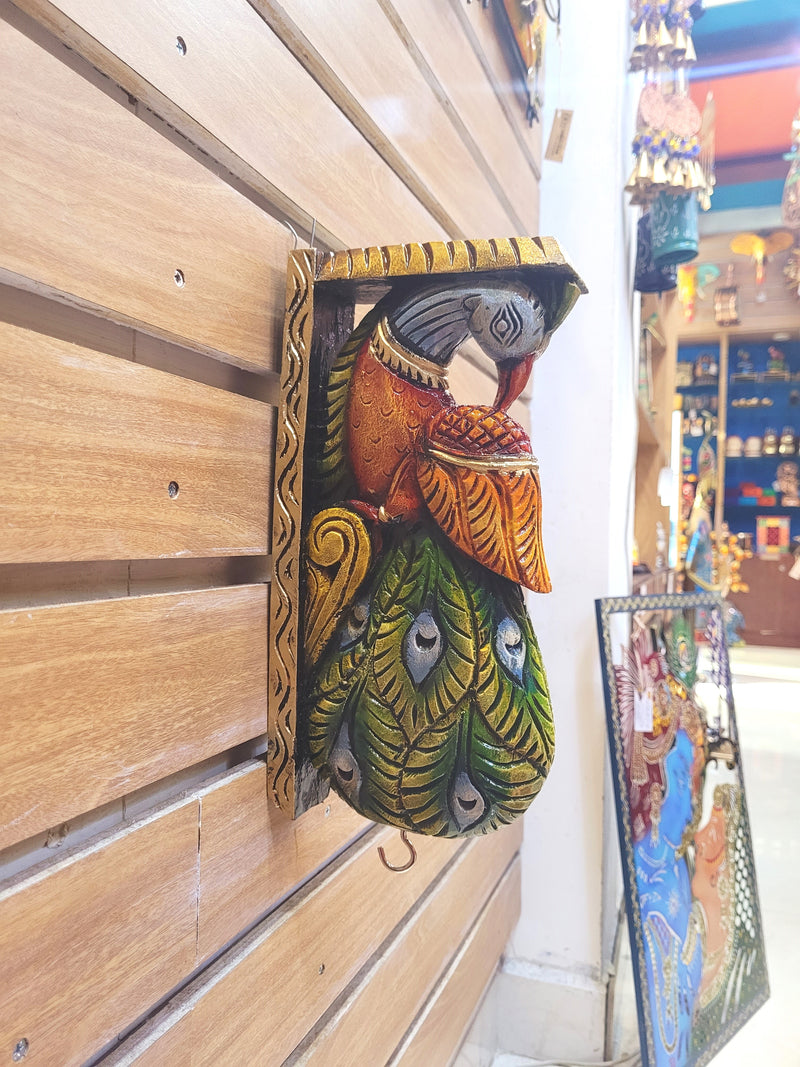 Traditional Handcarved Wooden Peacock Wall Bracket / CORBEL  multicolor Green Wall Hanging Decor ( 13 H * 6 L * 2.5 W ) inches