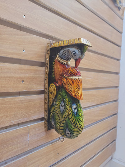 Traditional Handcarved Wooden Peacock Wall Bracket / CORBEL  multicolor Green Wall Hanging Decor ( 13 H * 6 L * 2.5 W ) inches