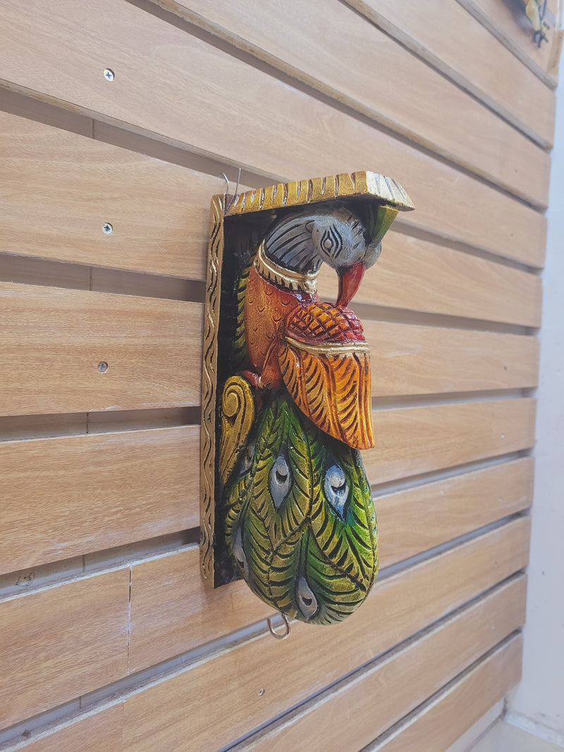 Traditional Handcarved Wooden Peacock Wall Bracket / CORBEL  multicolor Green Wall Hanging Decor ( 13 H * 6 L * 2.5 W ) inches