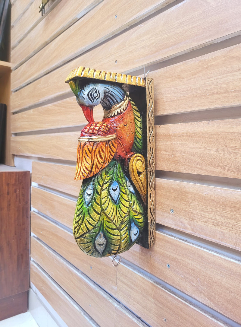 Traditional Handcarved Wooden Peacock Wall Bracket / CORBEL  multicolor Green Wall Hanging Decor ( 13 H * 6 L * 2.5 W ) inches