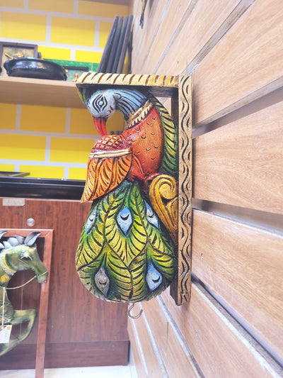 Traditional Handcarved Wooden Peacock Wall Bracket / CORBEL  multicolor Green Wall Hanging Decor ( 13 H * 6 L * 2.5 W ) inches
