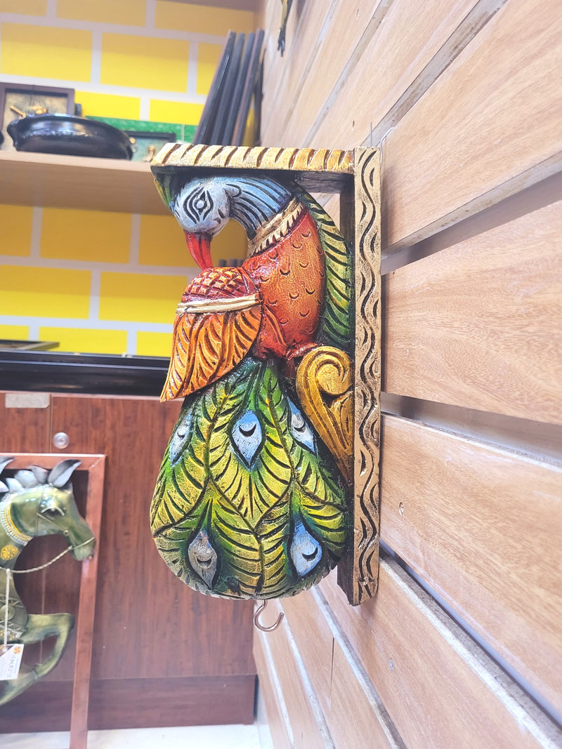Traditional Handcarved Wooden Peacock Wall Bracket / CORBEL  multicolor Green Wall Hanging Decor ( 13 H * 6 L * 2.5 W ) inches