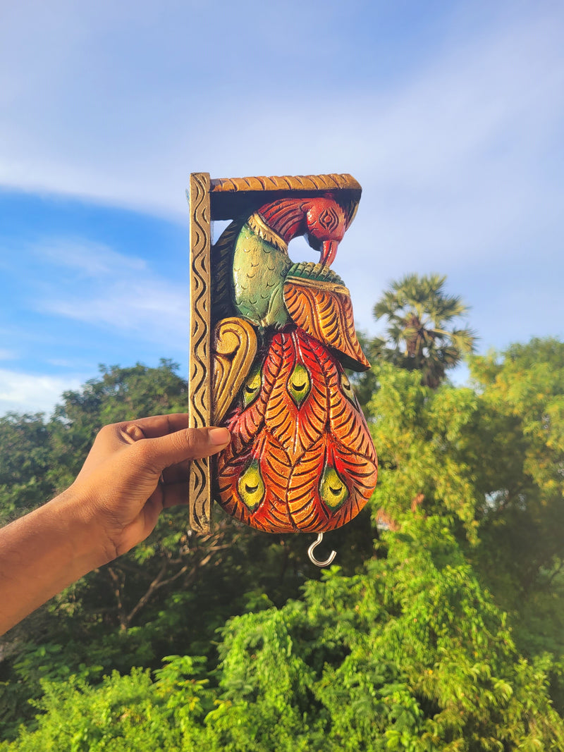 Traditional Handcarved Wooden Peacock Wall Bracket / CORBEL  multicolor Red Wall Hanging Decor ( 13 H * 6 L * 2.5 W ) inches