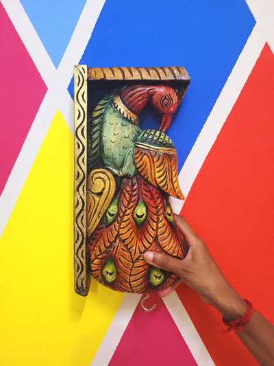 Traditional Handcarved Wooden Peacock Wall Bracket / CORBEL  multicolor Red Wall Hanging Decor ( 13 H * 6 L * 2.5 W ) inches