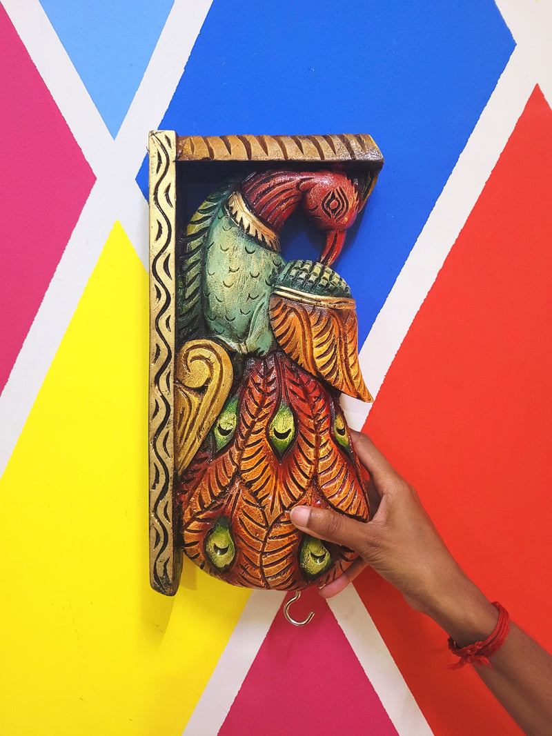 Traditional Handcarved Wooden Peacock Wall Bracket / CORBEL  multicolor Red Wall Hanging Decor ( 13 H * 6 L * 2.5 W ) inches