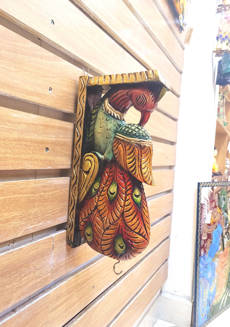 Traditional Handcarved Wooden Peacock Wall Bracket / CORBEL  multicolor Red Wall Hanging Decor ( 13 H * 6 L * 2.5 W ) inches