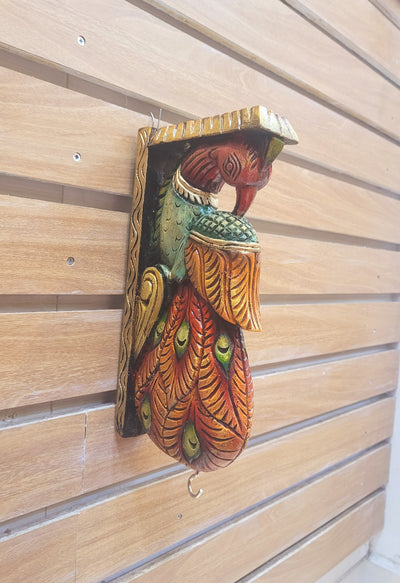 Traditional Handcarved Wooden Peacock Wall Bracket / CORBEL  multicolor Red Wall Hanging Decor ( 13 H * 6 L * 2.5 W ) inches