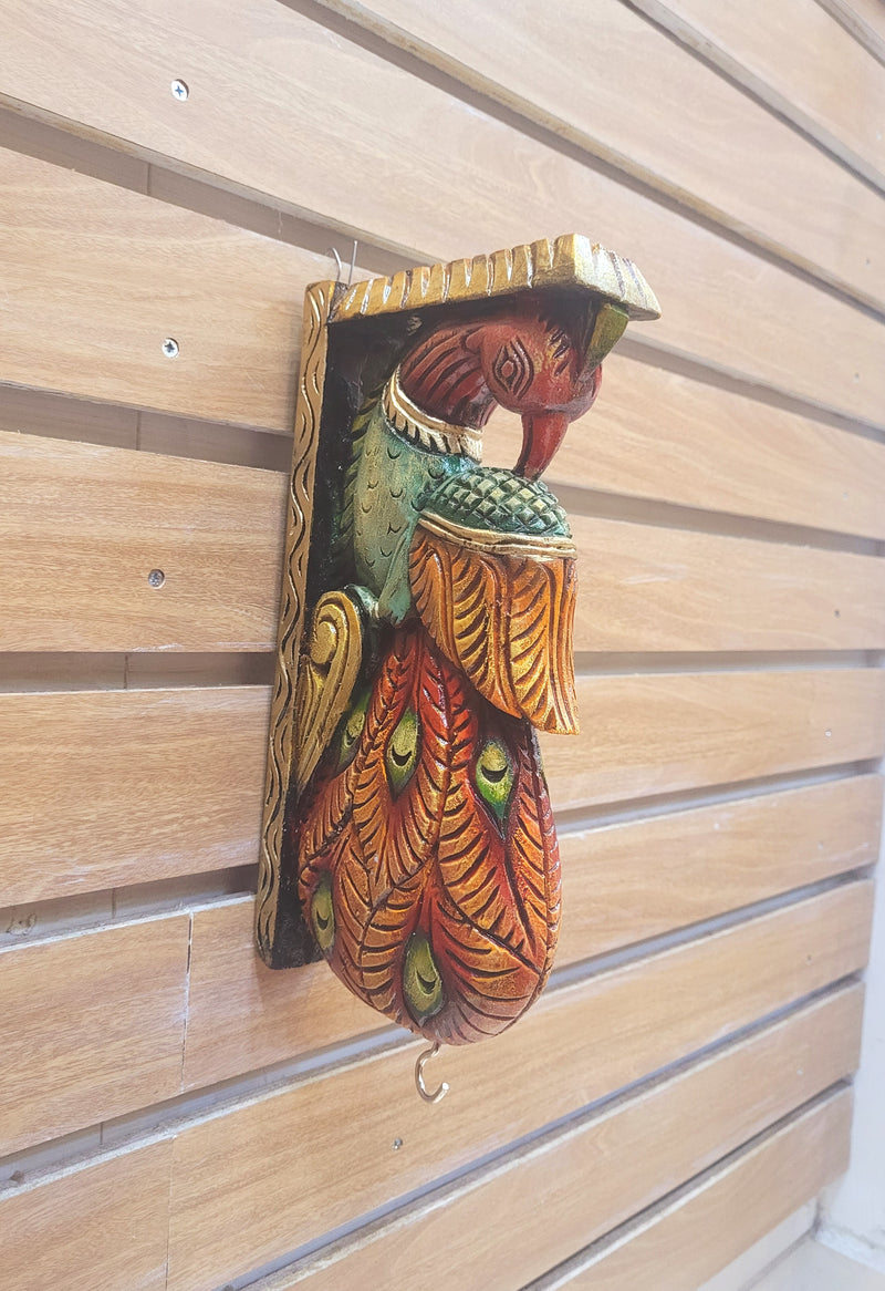 Traditional Handcarved Wooden Peacock Wall Bracket / CORBEL  multicolor Red Wall Hanging Decor ( 13 H * 6 L * 2.5 W ) inches