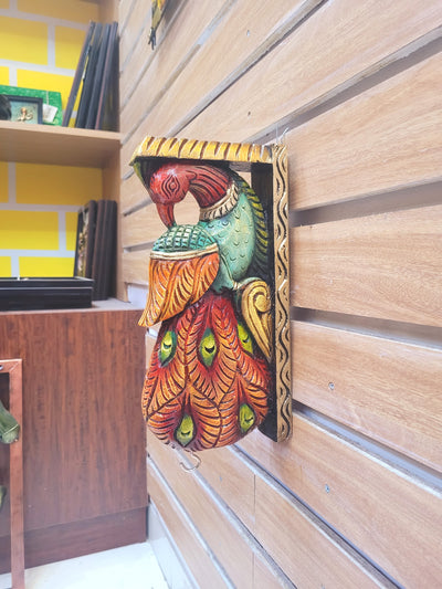 Traditional Handcarved Wooden Peacock Wall Bracket / CORBEL  multicolor Red Wall Hanging Decor ( 13 H * 6 L * 2.5 W ) inches