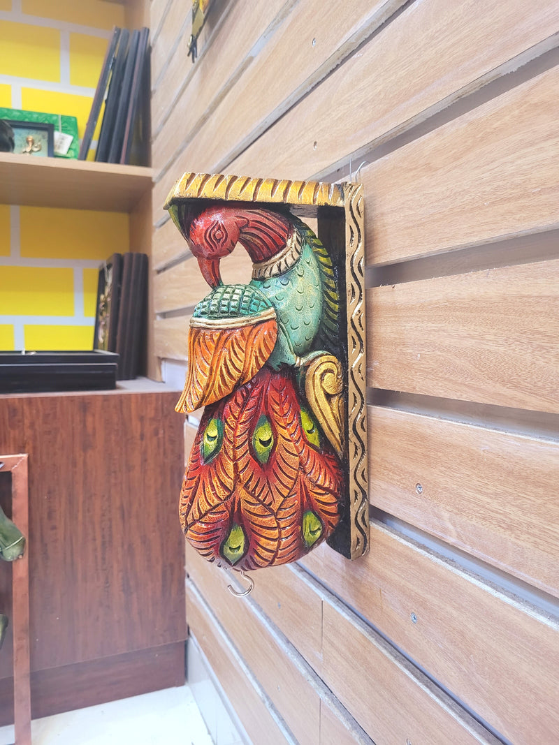 Traditional Handcarved Wooden Peacock Wall Bracket / CORBEL  multicolor Red Wall Hanging Decor ( 13 H * 6 L * 2.5 W ) inches