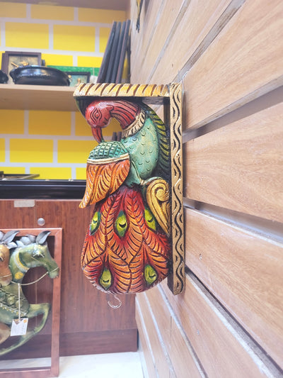 Traditional Handcarved Wooden Peacock Wall Bracket / CORBEL  multicolor Red Wall Hanging Decor ( 13 H * 6 L * 2.5 W ) inches