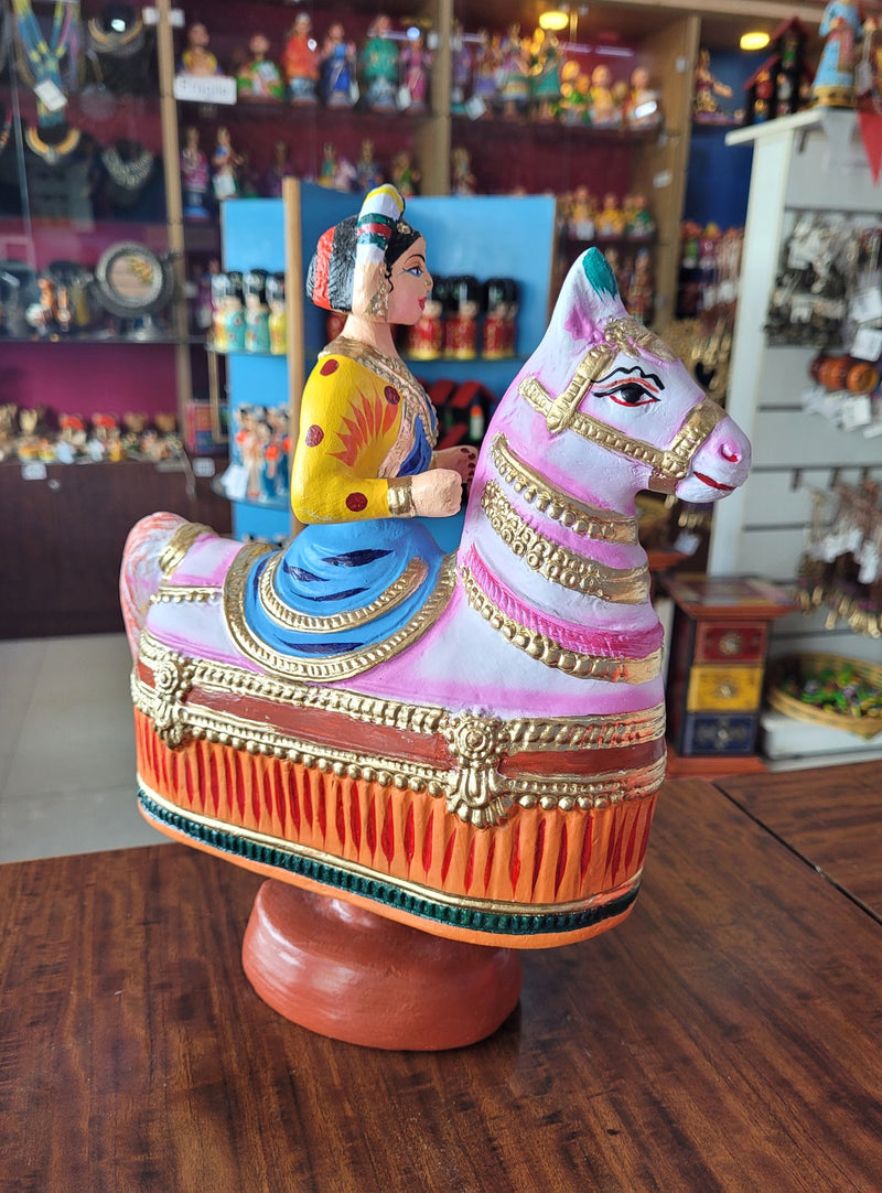 Tanjore dolls Thanjavur Thalayatti Bommai Poikkal Kuthirai Red Woman with Yellow Horse dancing doll (12 H * 10 L * 4W) inches golu dolls Tamil Tradition