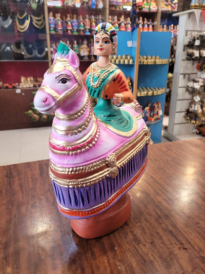 Tanjore dolls Thanjavur Thalayatti Bommai Poikkal Kuthirai Woman Green with Orange & Violet With Pink Horse dancing doll (12 H * 10 L * 4W) inches golu dolls Tamil Tradition