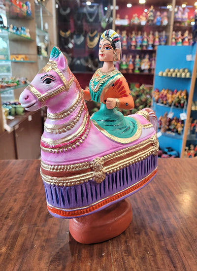Tanjore dolls Thanjavur Thalayatti Bommai Poikkal Kuthirai Woman Green with Orange & Violet With Pink Horse dancing doll (12 H * 10 L * 4W) inches golu dolls Tamil Tradition