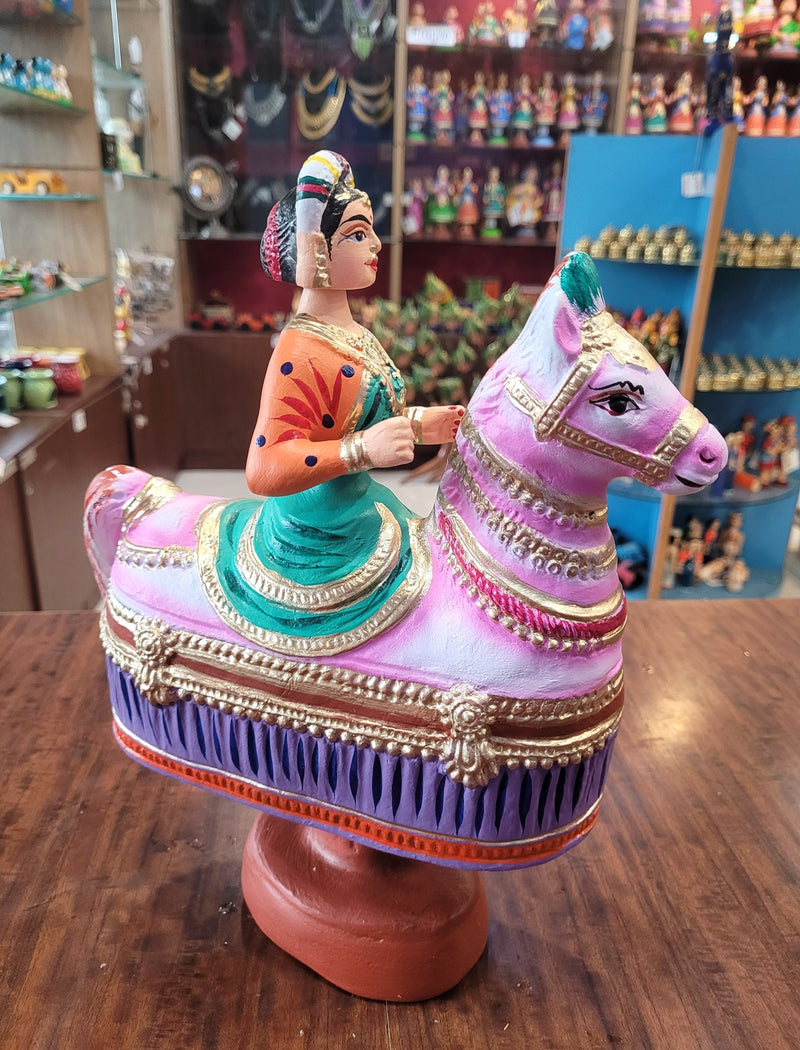 Tanjore dolls Thanjavur Thalayatti Bommai Poikkal Kuthirai Woman Green with Orange & Violet With Pink Horse dancing doll (12 H * 10 L * 4W) inches golu dolls Tamil Tradition