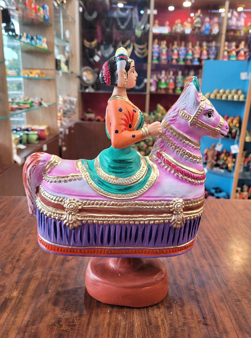 Tanjore dolls Thanjavur Thalayatti Bommai Poikkal Kuthirai Woman Green with Orange & Violet With Pink Horse dancing doll (12 H * 10 L * 4W) inches golu dolls Tamil Tradition