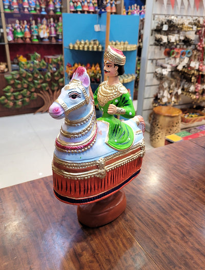 Tanjore dolls Thanjavur Thalayatti Bommai Poikkal Kuthirai Green Man with Orange Horse dancing doll (12.5 H * 10 L * 4W) inches golu dolls  Tamil Tradition