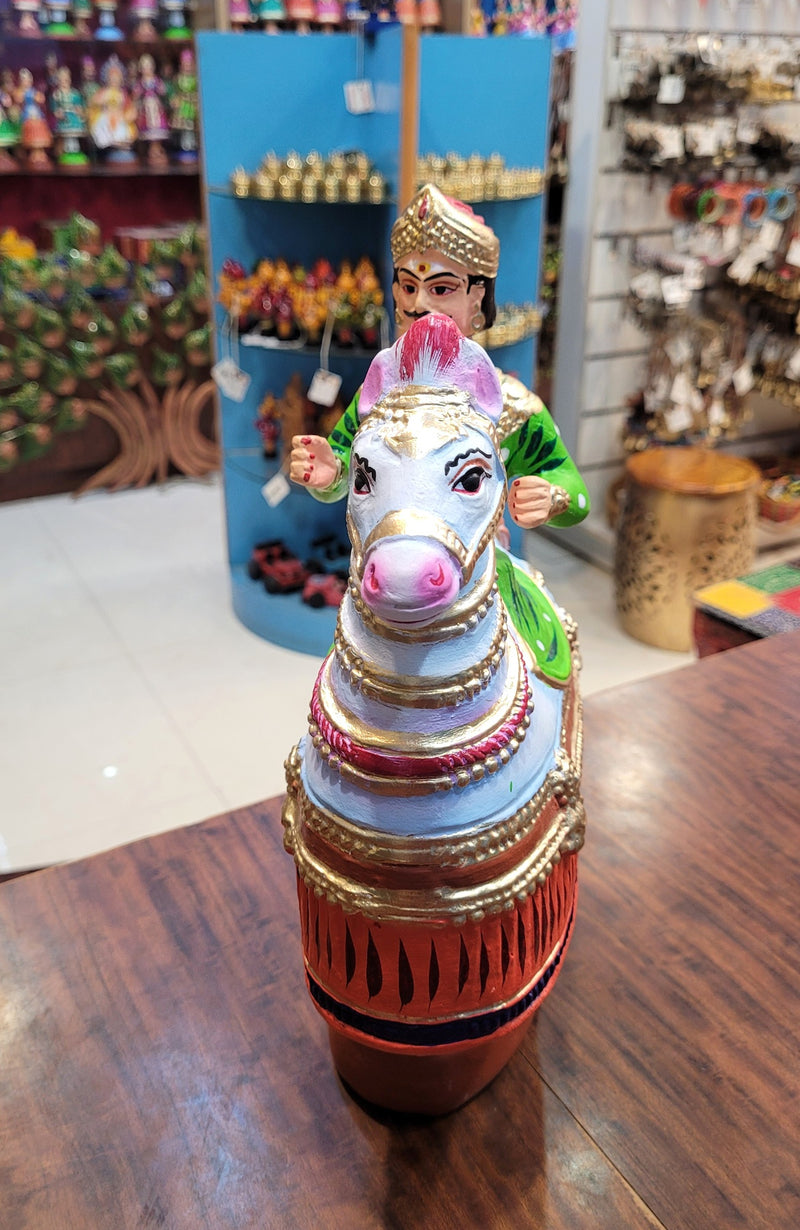 Tanjore dolls Thanjavur Thalayatti Bommai Poikkal Kuthirai Green Man with Orange Horse dancing doll (12.5 H * 10 L * 4W) inches golu dolls  Tamil Tradition