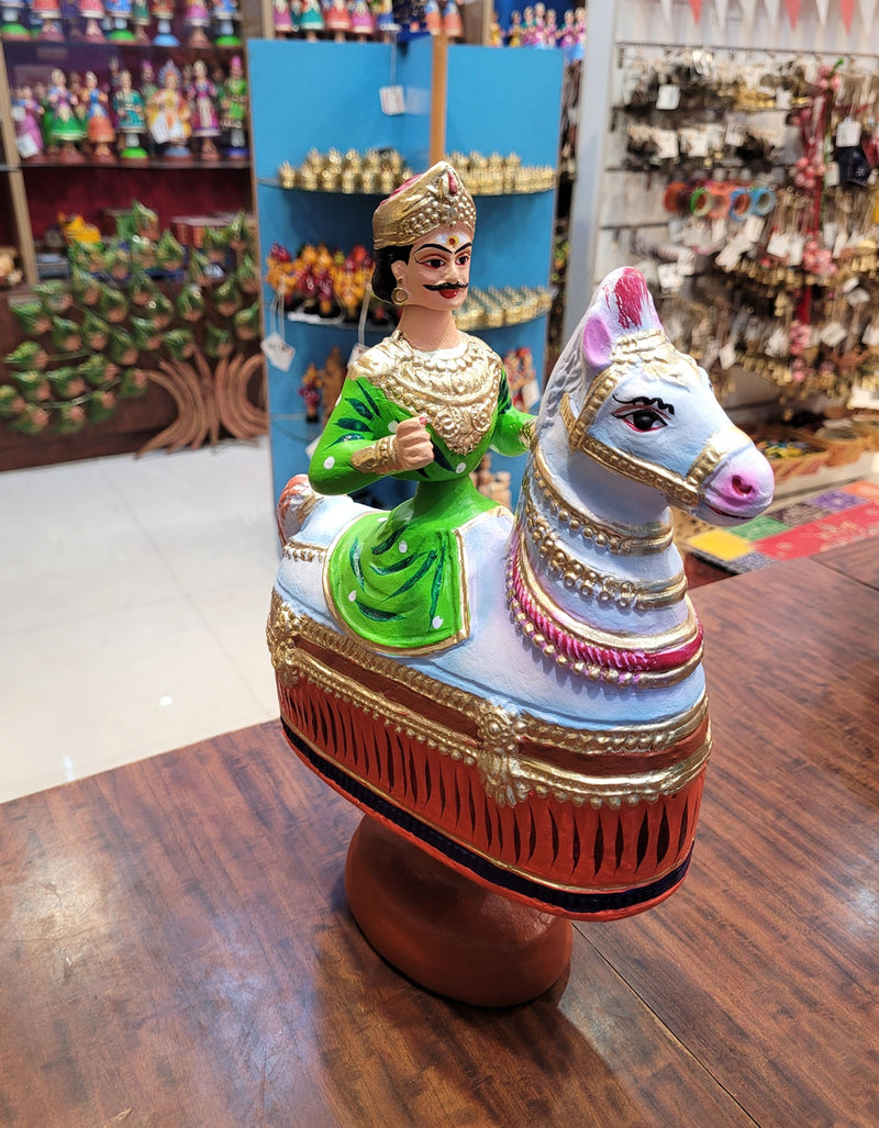 Tanjore dolls Thanjavur Thalayatti Bommai Poikkal Kuthirai Green Man with Orange Horse dancing doll (12.5 H * 10 L * 4W) inches golu dolls  Tamil Tradition