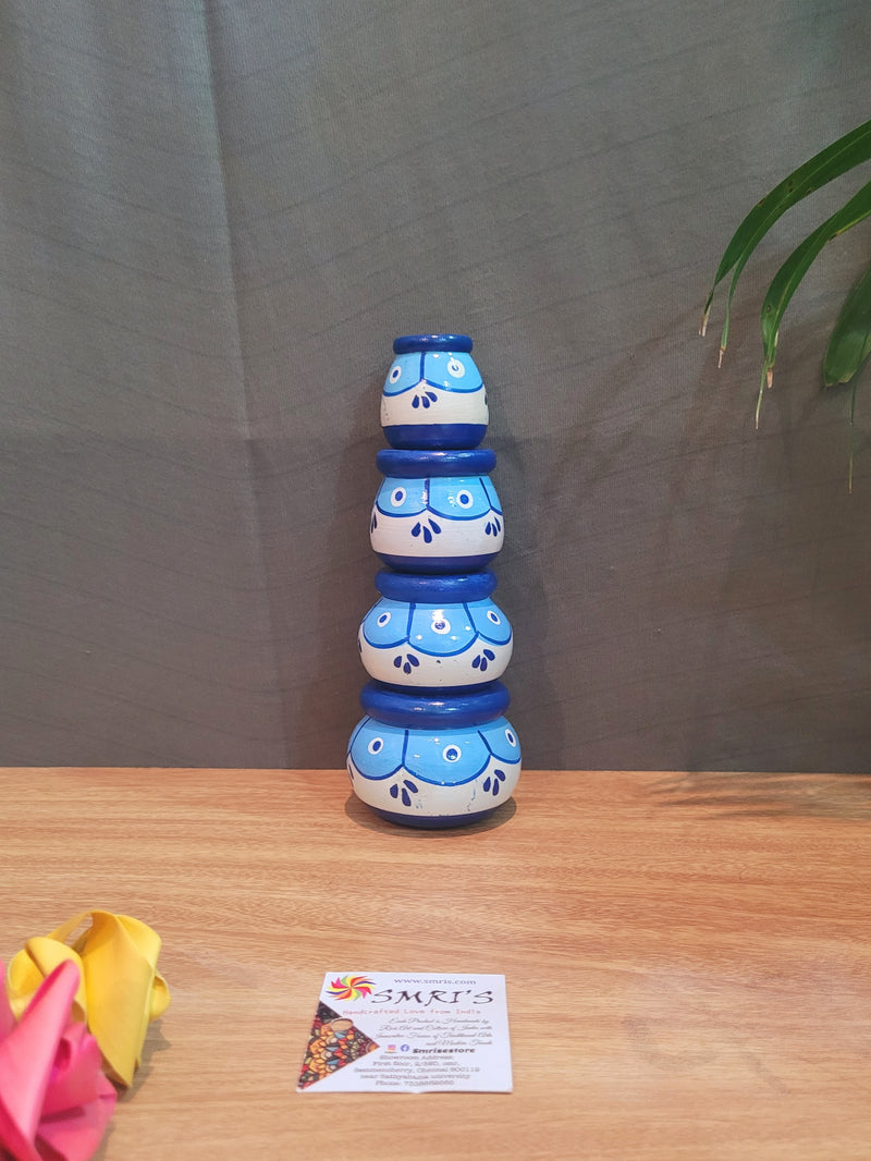 Wooden Pot set of 4 White&Blue (7H * 2.5L * 2.5W) inches traditional Show piece Home decor Hand painted Indian crafts