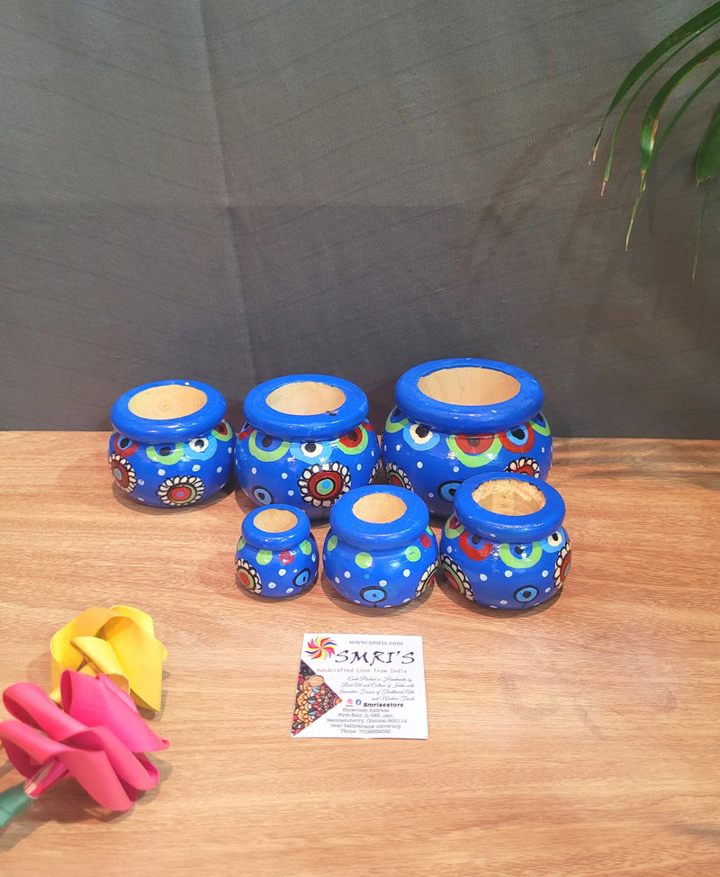 Wooden pot set of 6 blue (11.5H * 3L * 3W) inches traditional Show piece Home decor Hand painted Indian crafts