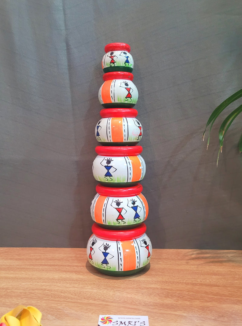 Wooden pot set of 6 White&Red (11.5H * 3L * 3W) inches traditional Show piece Home decor Hand painted Indian crafts