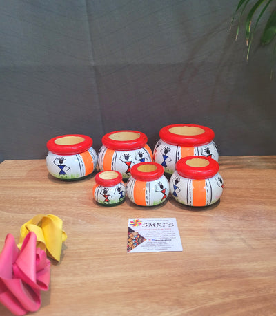 Wooden pot set of 6 White&Red (11.5H * 3L * 3W) inches traditional Show piece Home decor Hand painted Indian crafts