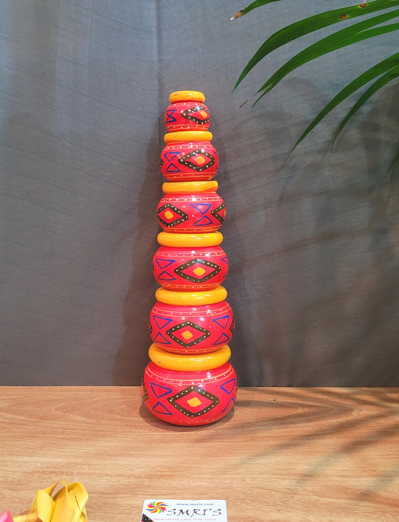 Wooden pot set of 6 Red & Orange (11.5H * 3L * 3W) inches traditional Show piece Home decor Hand painted Indian crafts