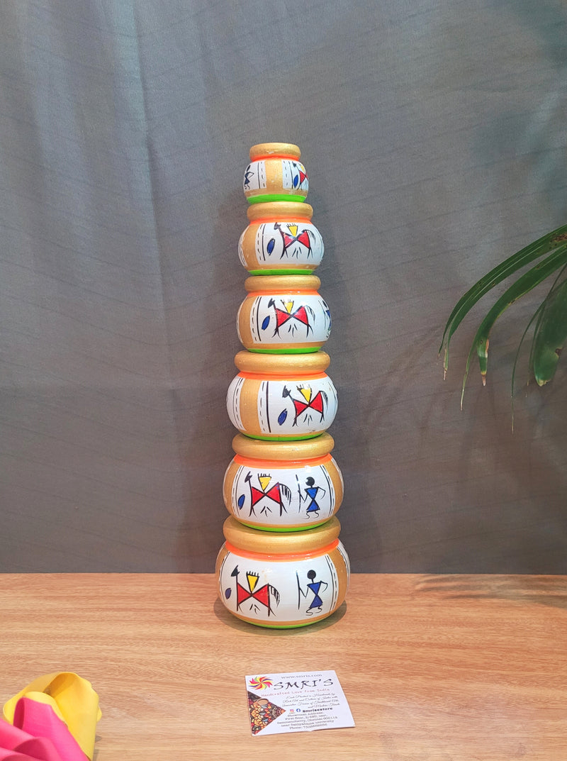 Wooden pot set of 6 White & Gold (11.5H * 3L * 3W) inches traditional Show piece Home decor Hand painted Indian crafts