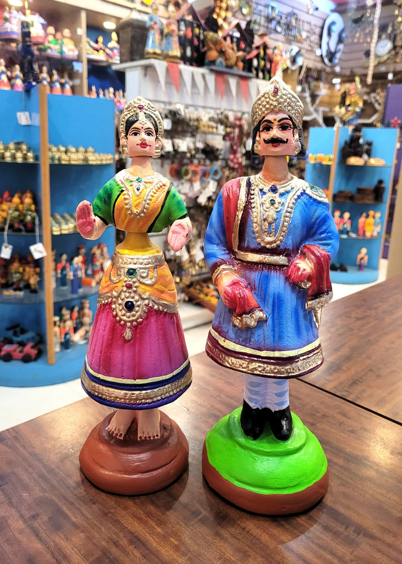 Raja Rani Dancing Doll 12 inch Blue Raja with Green blouse Pink skirt Rani Thalayatti Bommai Show piece Table Decor papermache Inches