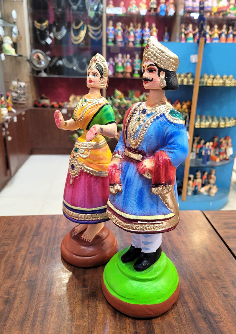 Raja Rani Dancing Doll 12 inch Blue Raja with Green blouse Pink skirt Rani Thalayatti Bommai Show piece Table Decor papermache Inches