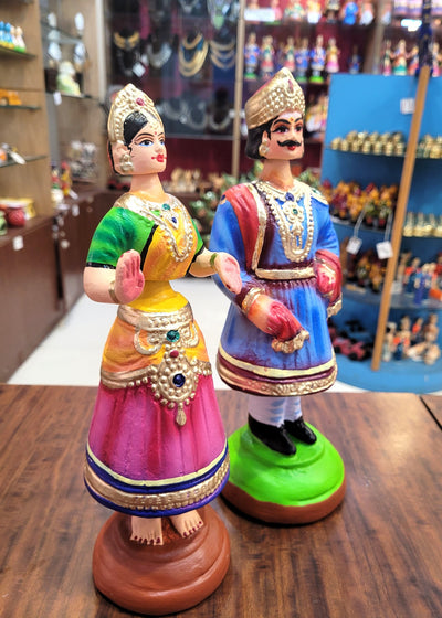 Raja Rani Dancing Doll 12 inch Blue Raja with Green blouse Pink skirt Rani Thalayatti Bommai Show piece Table Decor papermache Inches