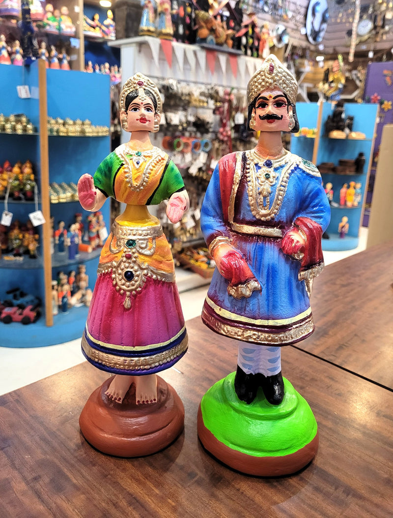 Raja Rani Dancing Doll 12 inch Blue Raja with Green blouse Pink skirt Rani Thalayatti Bommai Show piece Table Decor papermache Inches