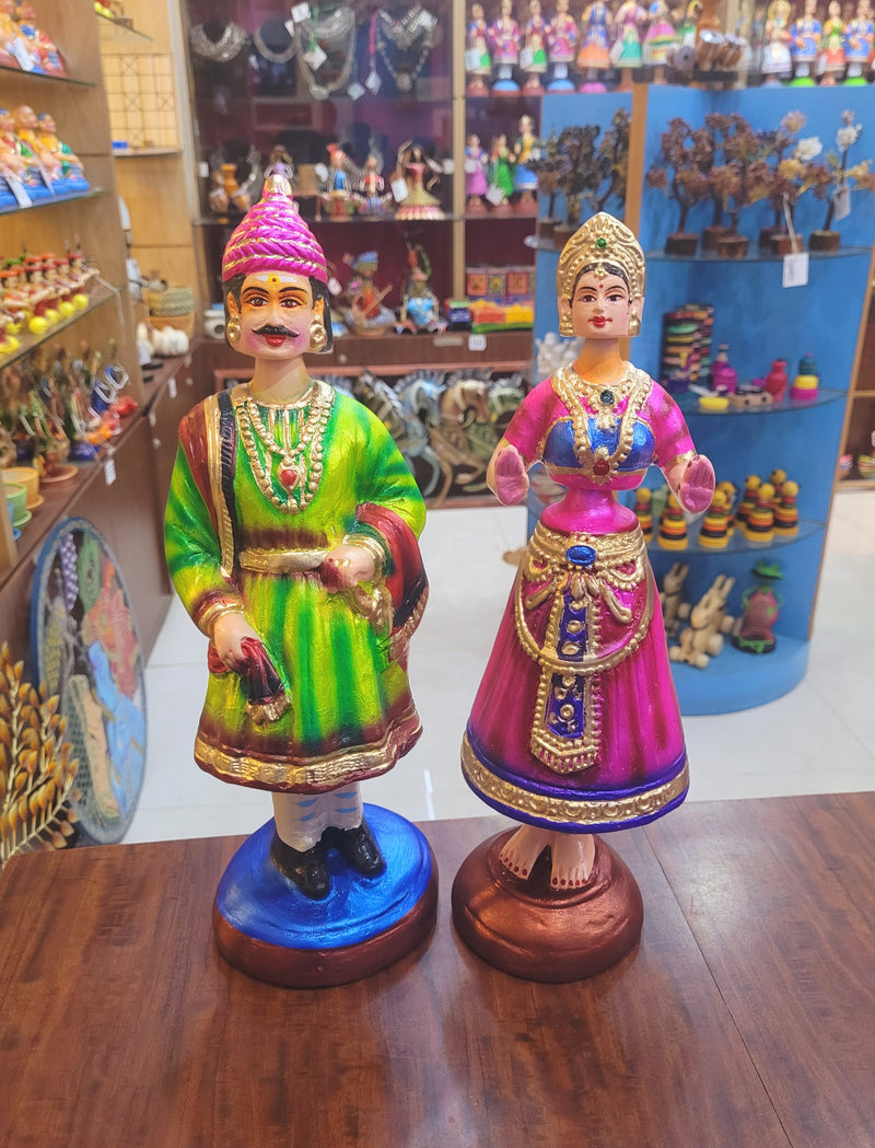 Raja Rani Dancing Doll 14 inch new Pink with Green Thalayatti Bommai Tanjore Dancing Doll Show piece Table Decor papermache ( 14 H * 4 L * 4 W ) Inches