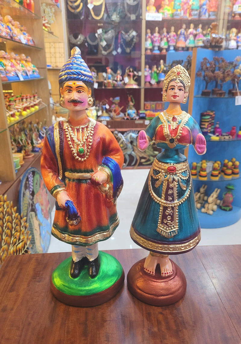 Tanjore dolls Thanjavur Thalayatti Bommai Raja Rani Dancing Doll 14 inch Orange and Green Show piece Table Decor papermache golu dolls  ( 14 H * 4.5 L * 4.5 W ) Inches