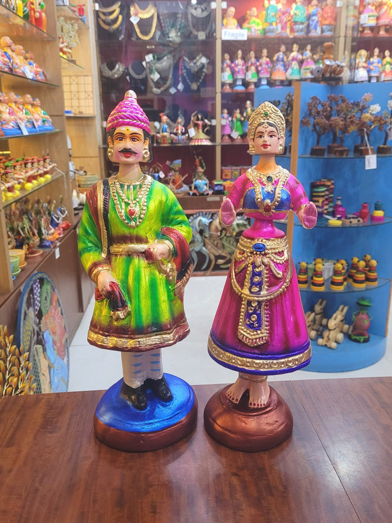 Raja Rani Dancing Doll 14 inch new Pink with Green Thalayatti Bommai Tanjore Dancing Doll Show piece Table Decor papermache ( 14 H * 4 L * 4 W ) Inches