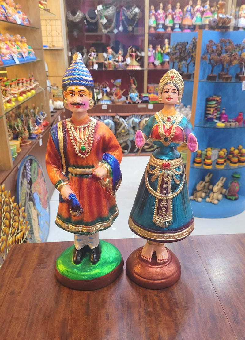 Tanjore dolls Thanjavur Thalayatti Bommai Raja Rani Dancing Doll 14 inch Orange and Green Show piece Table Decor papermache golu dolls  ( 14 H * 4.5 L * 4.5 W ) Inches