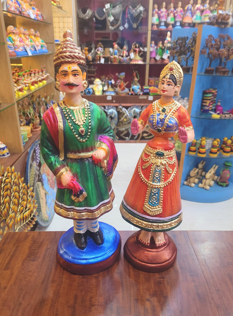 Raja Rani Tanjore Dancing Doll 14 inch Green and Red Thanjavur Thalayatti Bommai Show piece Table Decor papermache ( 14 H * 4 L * 4 W ) Inches