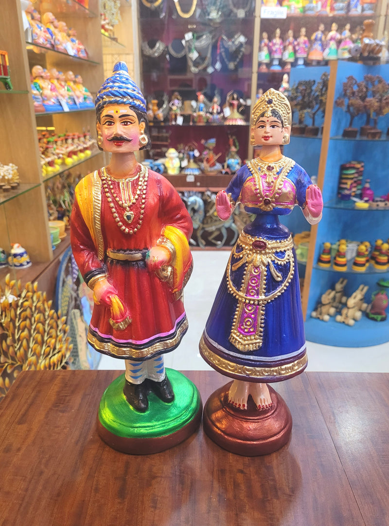 Raja Rani Dancing Doll 14 inch Blue And Orange Tanjavur Thalayatti Bommai Tanjore Dancing Doll Show piece Table Decor papermache ( 14 H * 4 L * 4 W ) Inches