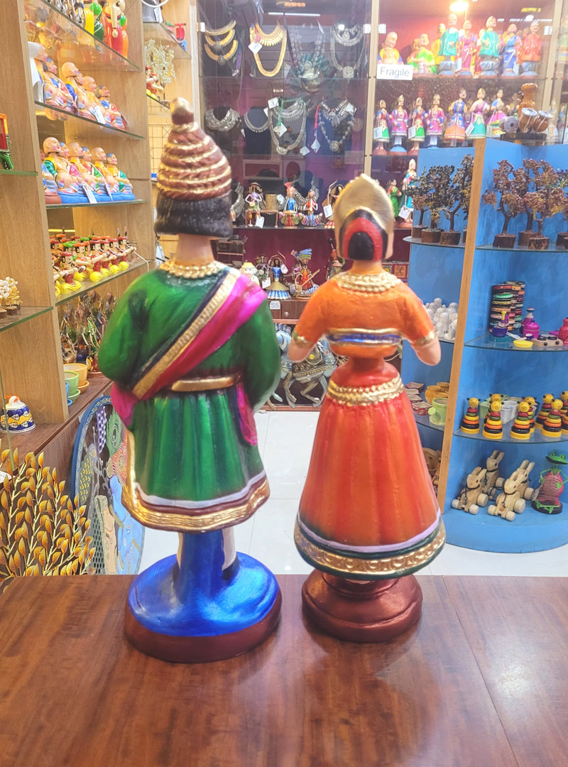 Raja Rani Tanjore Dancing Doll 14 inch Green and Red Thanjavur Thalayatti Bommai Show piece Table Decor papermache ( 14 H * 4 L * 4 W ) Inches