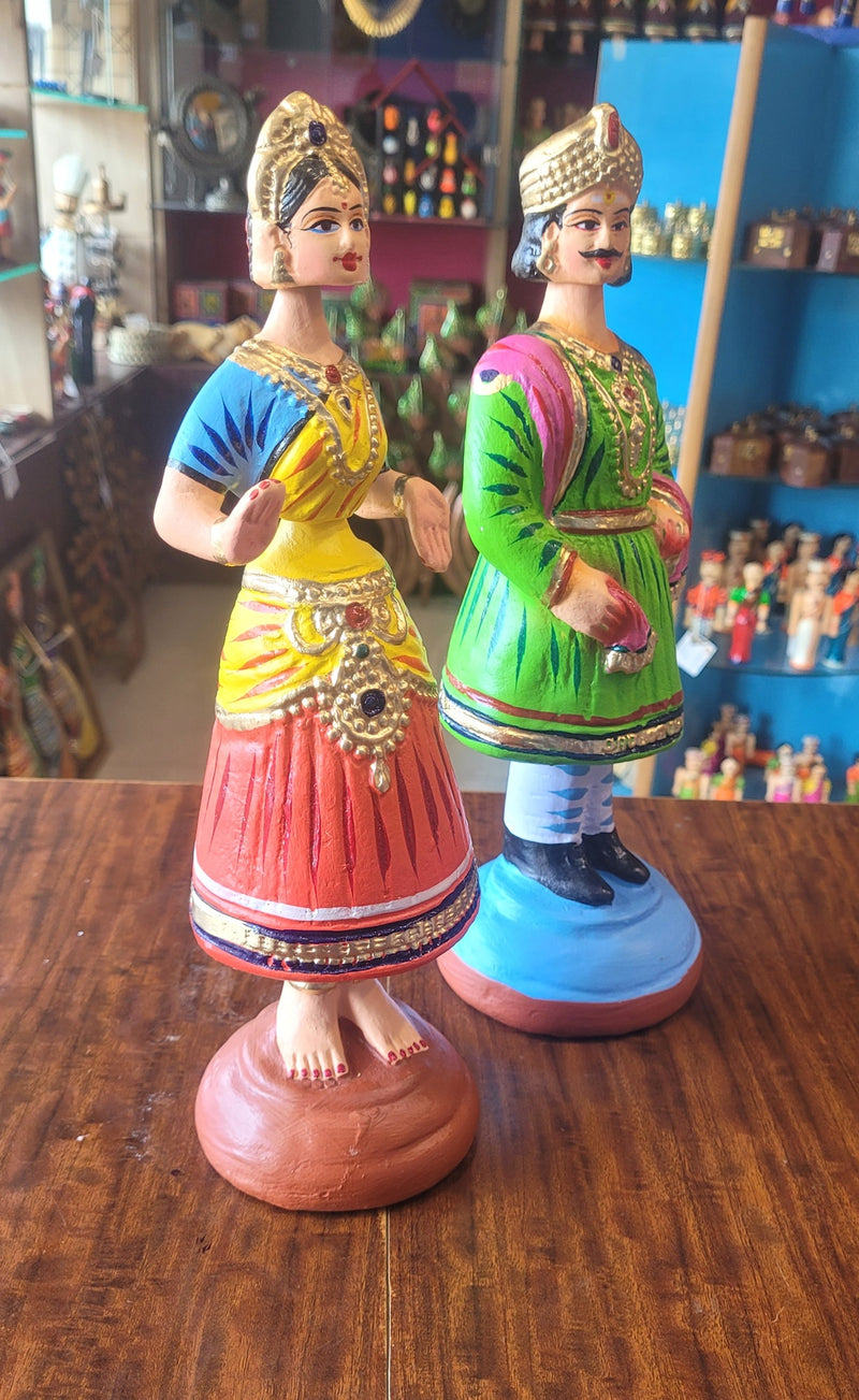 Raja Rani Dancing Doll 12 inch Green Raja with Blue blouse Red skirt Rani Thalayatti Bommai Show piece Table Decor papermache Inches