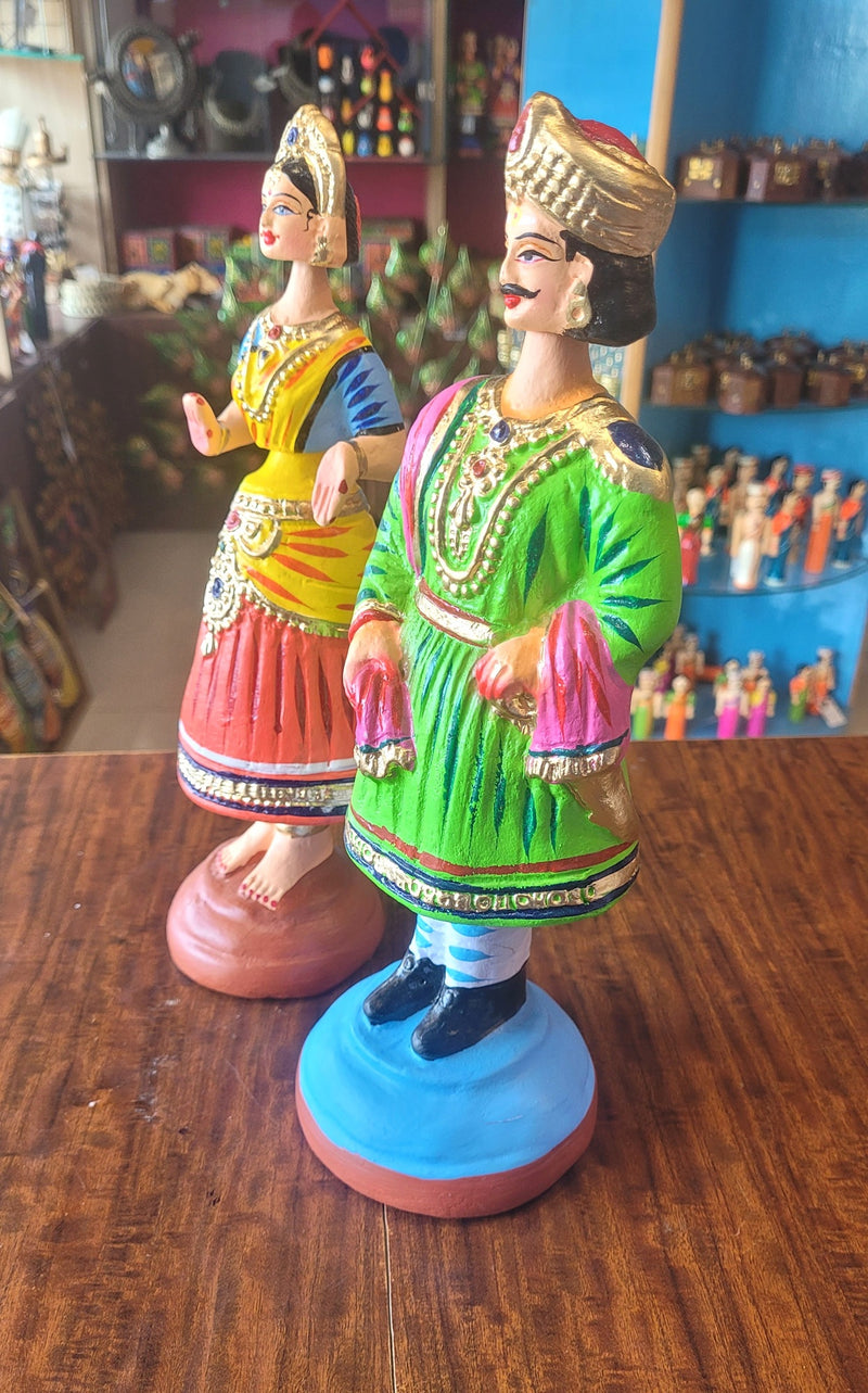 Raja Rani Dancing Doll 12 inch Green Raja with Blue blouse Red skirt Rani Thalayatti Bommai Show piece Table Decor papermache Inches