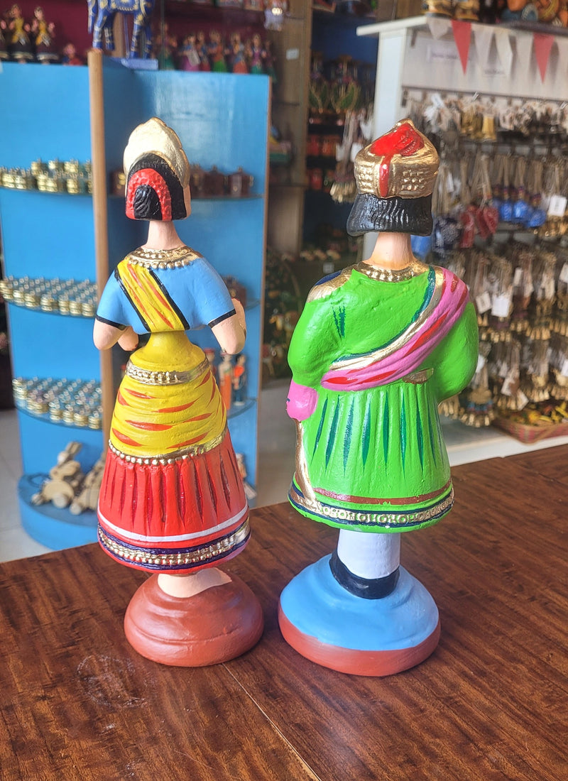 Raja Rani Dancing Doll 12 inch Green Raja with Blue blouse Red skirt Rani Thalayatti Bommai Show piece Table Decor papermache Inches